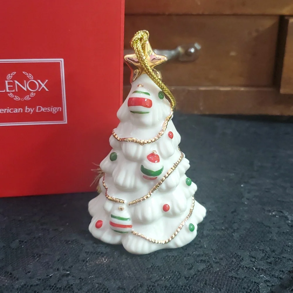 White Ceramic Christmas Tree Ornament with Colorful Decorations and Golden Star